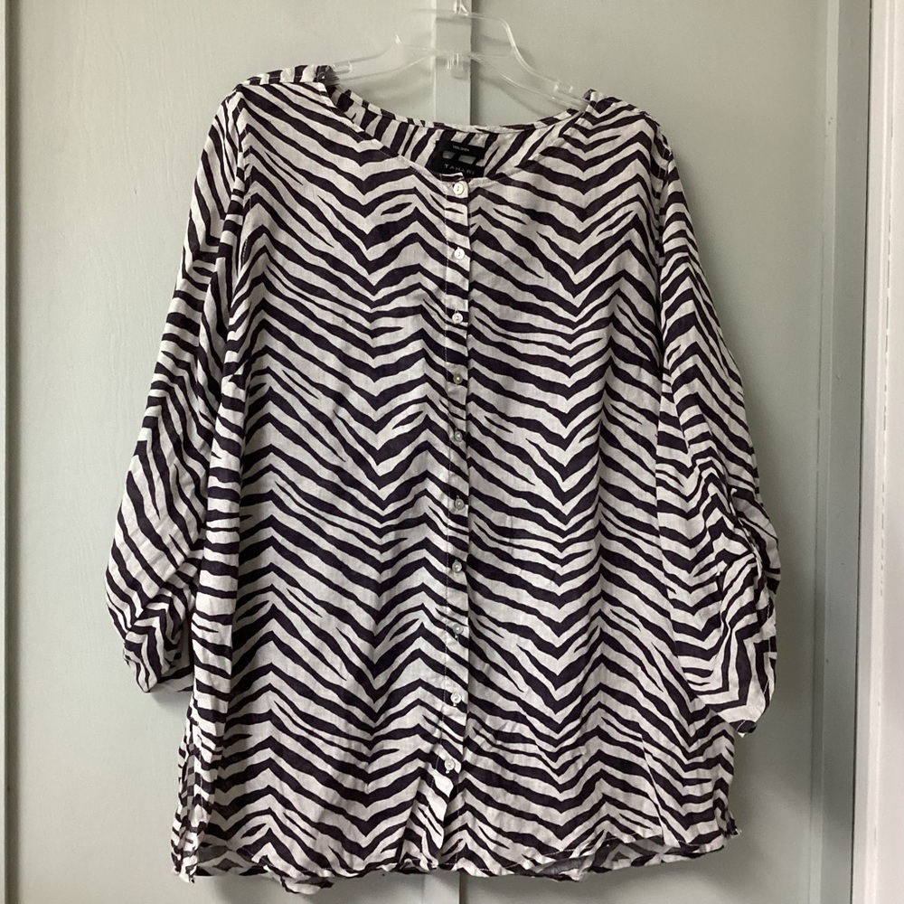 TAHARI Plus Size 2X Bone COLLARLESS 100% Linen Button Down Shirt Tunic Top